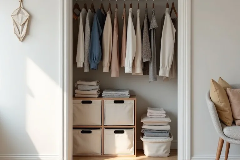 Fabric storage bins in a cube organizer used to sort folded clothes in a small closet