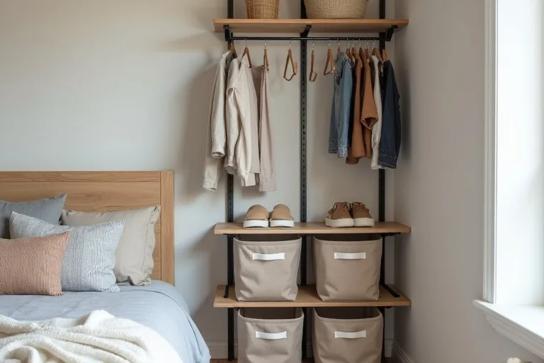 Small bedroom closet with an 8-cube storage organizer and fabric bins in a practical budget storage setup