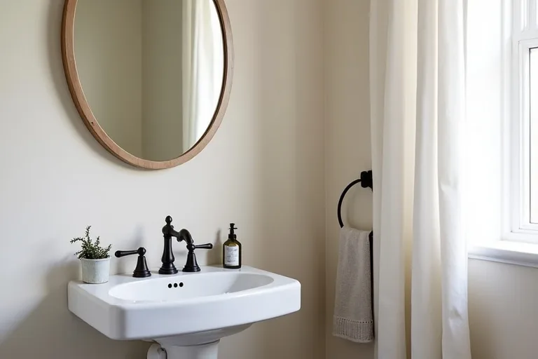 A calm, practical powder room with neutral styling, a small sink, mirror, and simple countertop accessories.