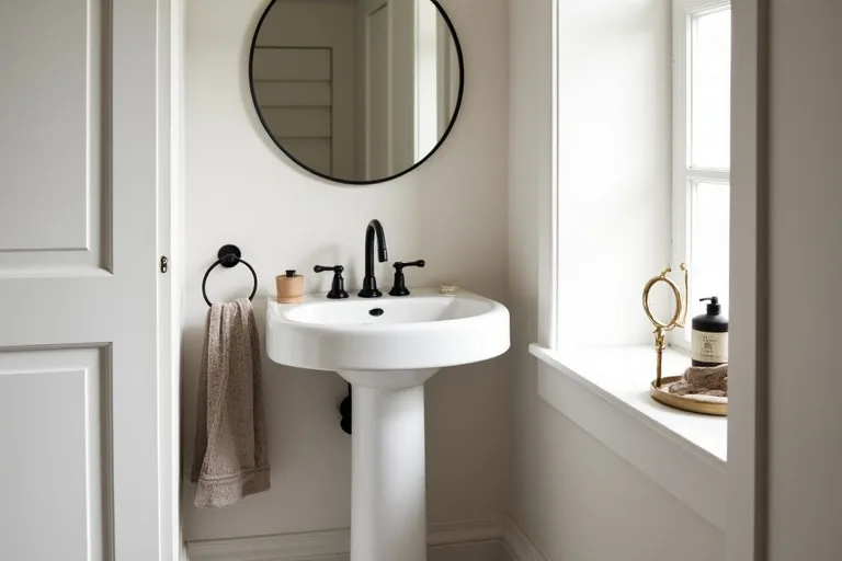 A tidy powder room styling setup with a small countertop tray and simple accessories, supporting a budget-conscious refresh.