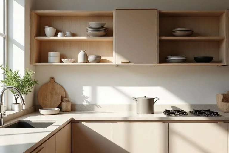 Open kitchen shelves styled with simple dishes and glassware beside closed cabinets