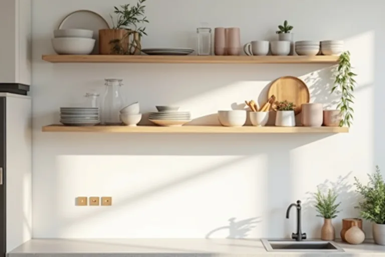 Open wooden kitchen shelves placed above a light countertop in a bright, practical kitchen.