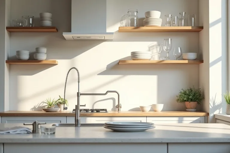 A calm kitchen interior with open shelves, closed storage, and a practical sink-side fixture upgrade.