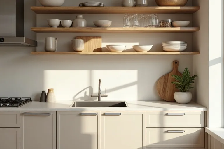 A finished kitchen detail showing open shelving, a brushed nickel faucet, and clear counter space