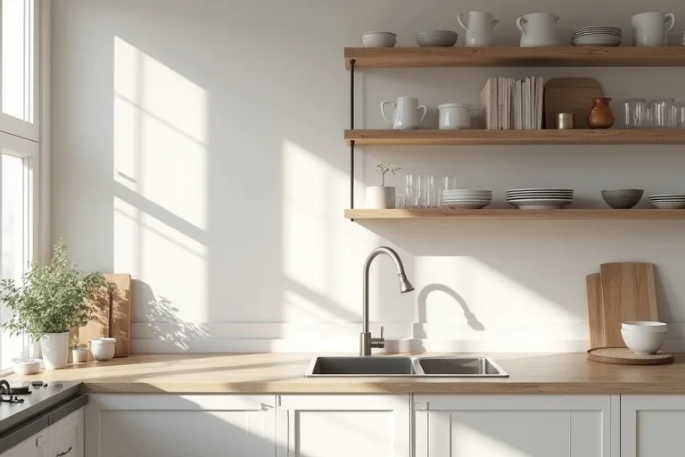 A practical kitchen view showing open shelving near closed cabinets and a sink area with a brushed nickel faucet.