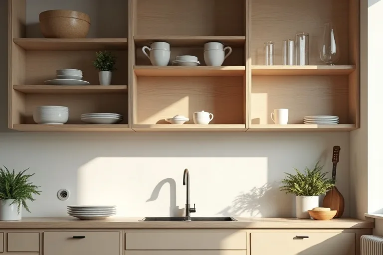 A bright, realistic kitchen with open shelves, closed cabinets, and neatly styled everyday items