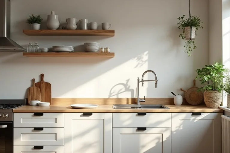 A bright kitchen with open shelves, closed cabinets, and a brushed nickel pull-down faucet in a realistic home setting.