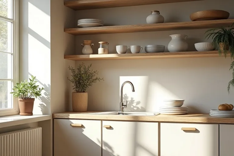 A balanced kitchen layout with open shelving used as a light visual break above the counter