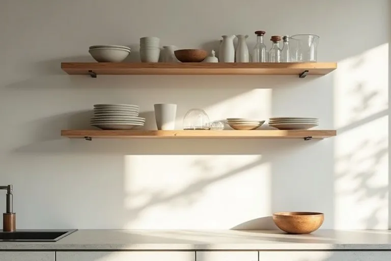 A simple kitchen shelf arrangement showing the importance of balanced spacing and practical placement.