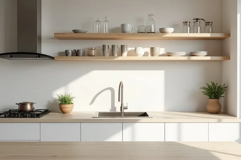 Open wall shelves with everyday dishes and a brushed nickel kitchen faucet in a modest modern kitchen.
