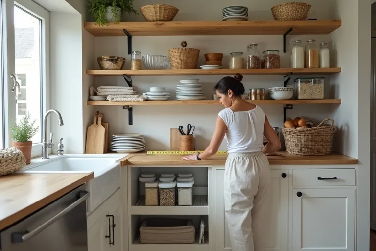 A practical home pantry with shelves, storage containers, and a rolling kitchen cart being used for organization planning.