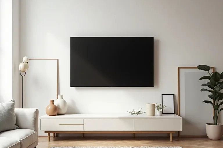 A living room TV wall with measured-looking balance between the screen, console, and surrounding wall space.