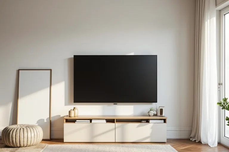A calm living room TV wall with a mounted television, neutral art, and decor pieces being considered before styling.