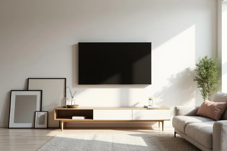 A practical TV wall planning scene with a mounted screen, leaning art, and a mirror waiting to be placed.