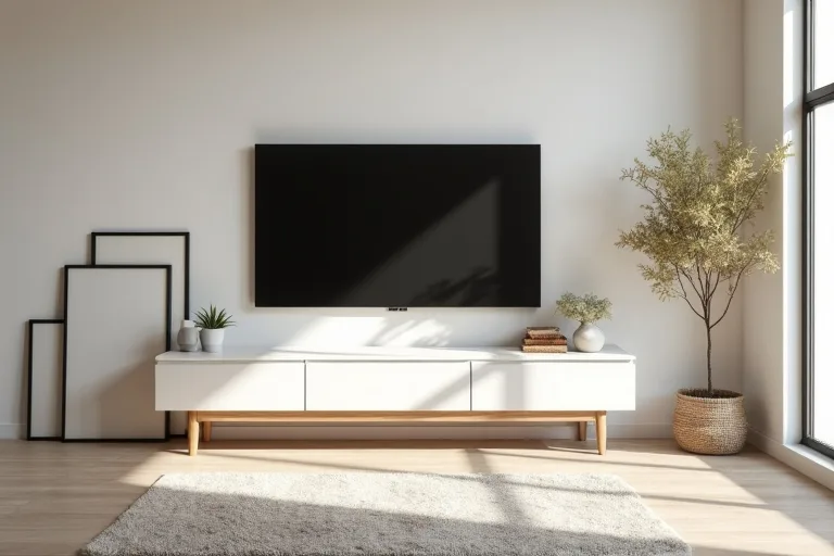 A simple TV wall setup with a mounted screen and nearby styling pieces waiting to be arranged.