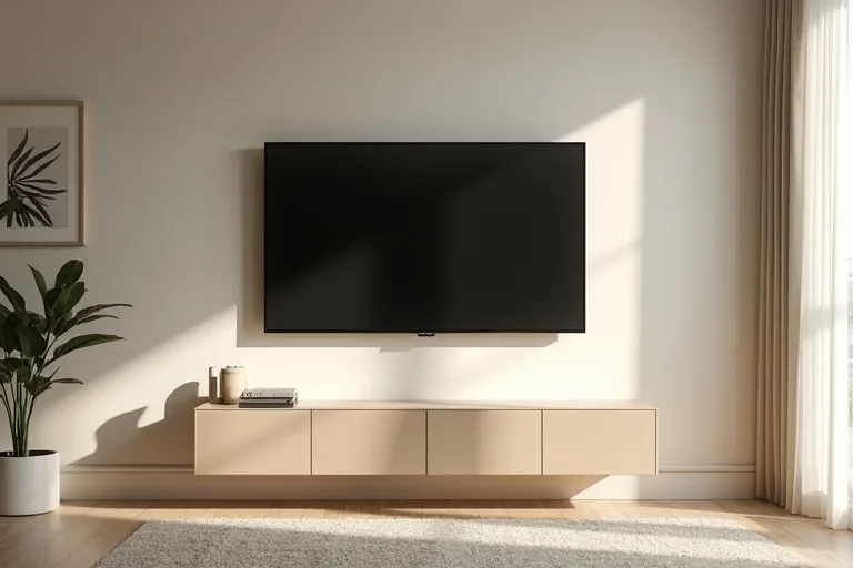 A calm living room with a mounted TV, simple wall art, and a collected finished look