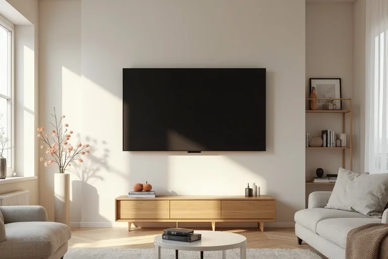Neutral wall art and a balanced TV setup that creates a more collected finish