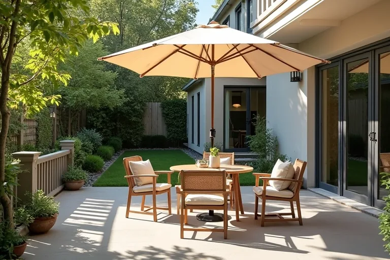 A tidy patio corner showing how shade can support a small conversation area