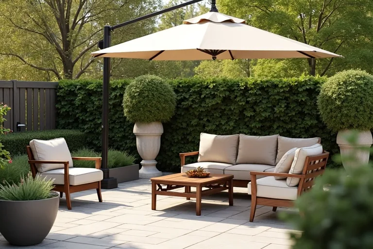 A patio seating area with balanced light and shade creating a comfortable outdoor zone
