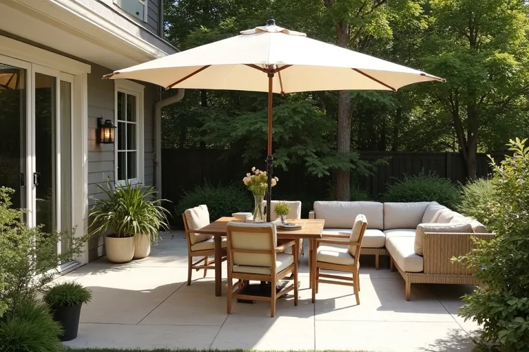 A shaded patio with a patio umbrella over a dining area and a small outdoor conversation set