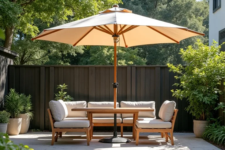 A shaded outdoor dining zone on a calm backyard patio