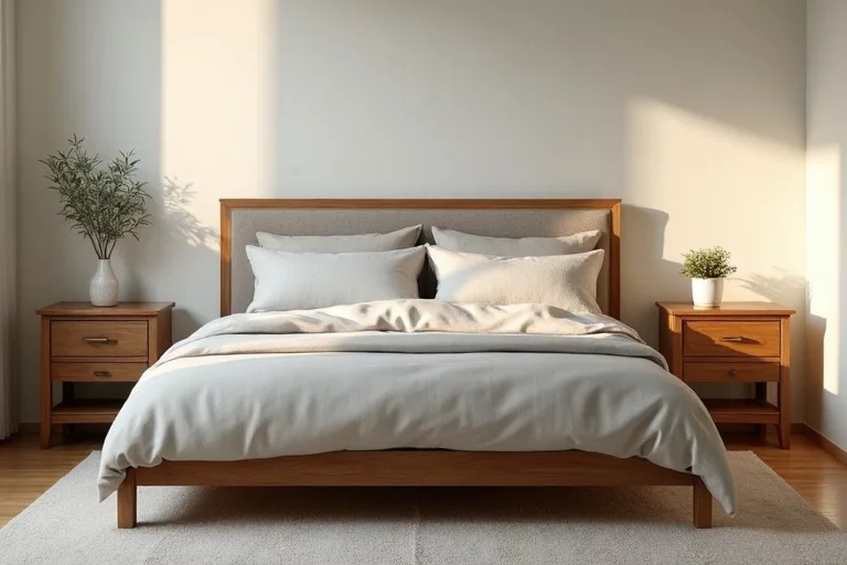 Two simple nightstands beside a bed in a balanced master bedroom layout