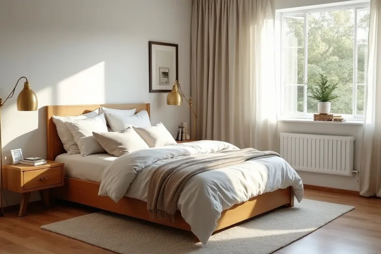 A calm master bedroom with soft lighting, neutral bedding, and a clutter-free styling approach