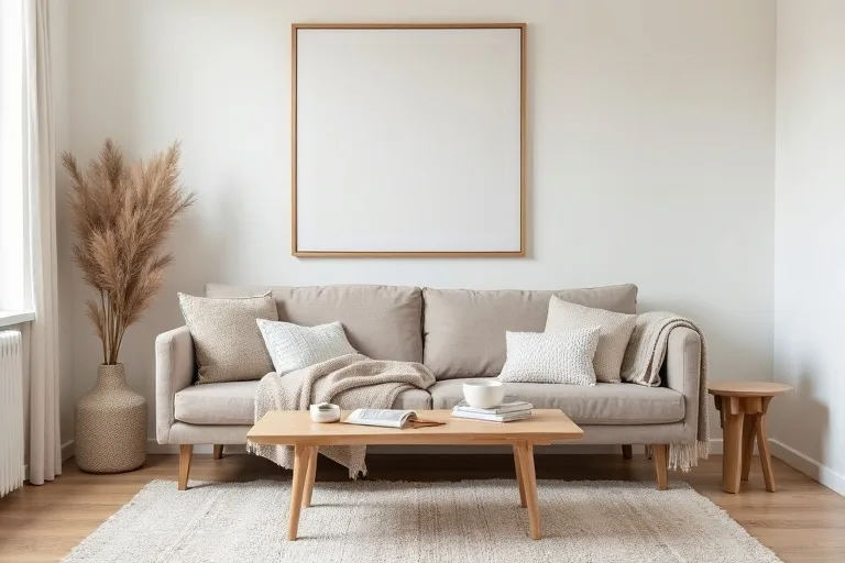 A balanced living room layout with clear traffic flow, a neutral sofa, and simple warm accents.