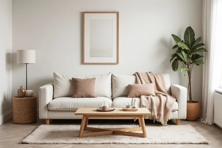 A cozy balanced living room with a neutral sofa, framed wall art, layered textiles, and a neatly placed rug.