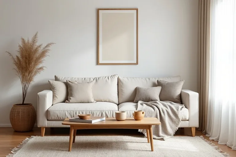 Layered textures and neutral tones that help a living room feel calm and finished.