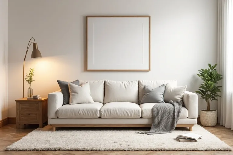 A living room with a correctly sized neutral rug that anchors the seating area.