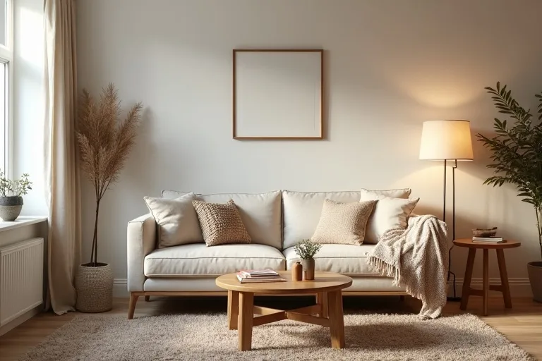 A neutral living room with layered textures, a woven rug, and warm tones that create a settled feel.