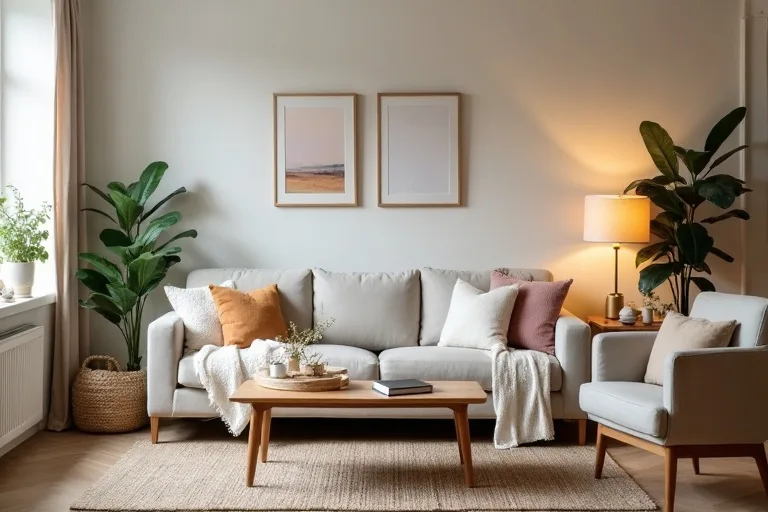 A simple living room styled with framed wall art, a coffee table, and quiet finishing details.