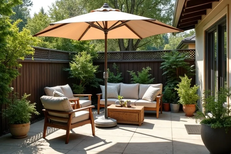 A backyard patio seating area with an umbrella and outdoor furniture, showing a space that feels partially exposed.