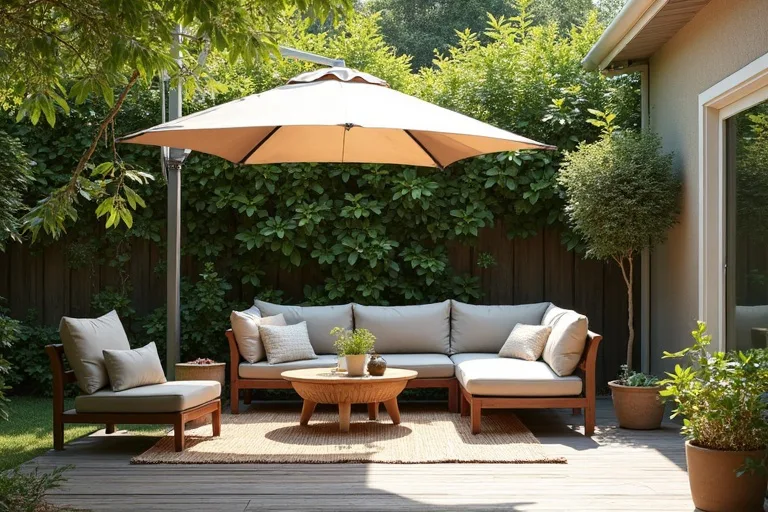 A modest patio seating area with mixed sun and shade, showing how coverage needs to follow the furniture layout.