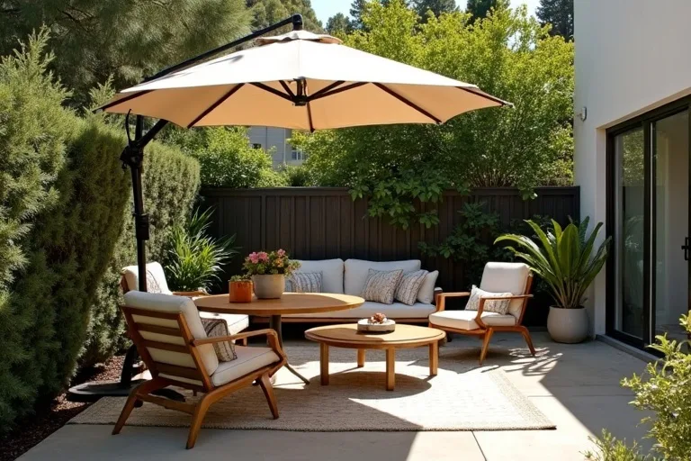 An outdoor dining and seating setup with partial shade coverage, showing why size and reach matter.