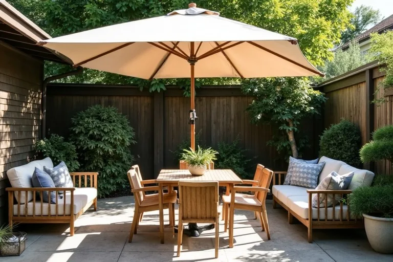 A backyard patio with a patio umbrella shading a seating and dining area.