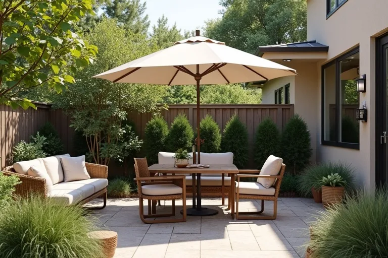 A backyard patio with seating arranged as a comfortable outdoor gathering zone.