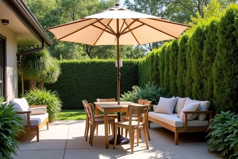 A small patio seating area shaded by a patio umbrella in a practical backyard setting.