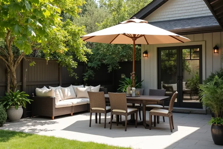 A patio table and chairs placed under a shade umbrella in a relaxed outdoor dining zone.