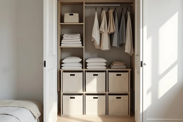 A small bedroom closet with cube storage organizer and fabric bins in a calm, practical home setting.