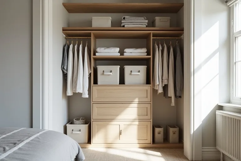 A neatly maintained small closet with organized shelves, bins, and space left for easy access.