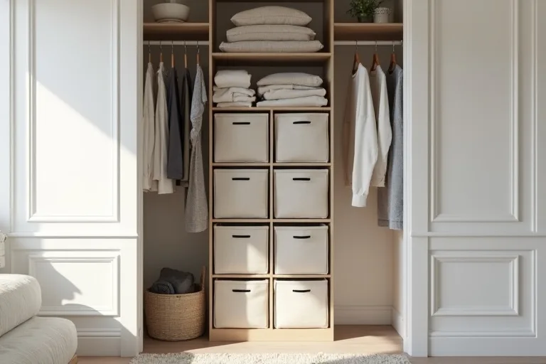 Open closet shelving with folded clothes and simple storage in a small space.