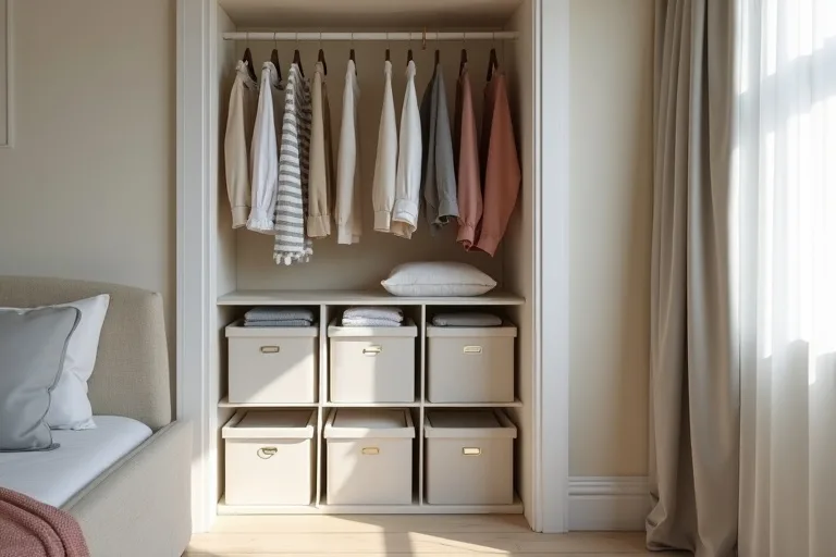 A small closet with an 8-cube storage organizer and neatly arranged fabric bins in a calm, practical home setting