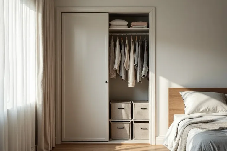 A calm small closet layout with organized storage zones and open space for everyday access