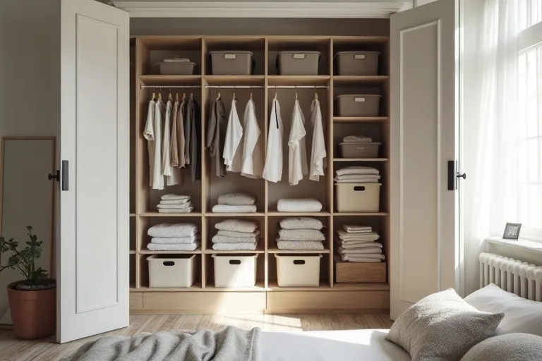 Open wardrobe storage with folded clothes and a few neat bins arranged in a simple, low-clutter layout