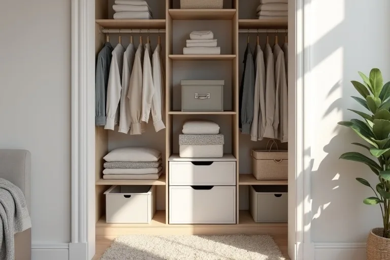 A small closet shelf with neatly grouped storage bins and folded clothing showing a cleaner category-based arrangement