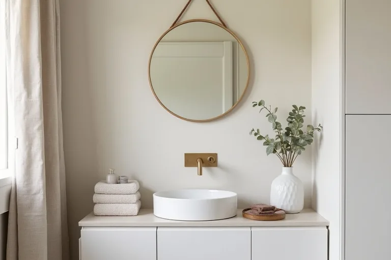 A neatly styled powder room countertop with one tray and a folded towel, showing a softer and more finished look.