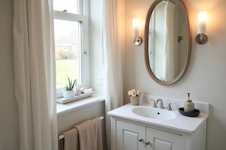 Powder room styling with neutral finishes and a simple countertop organizer tray