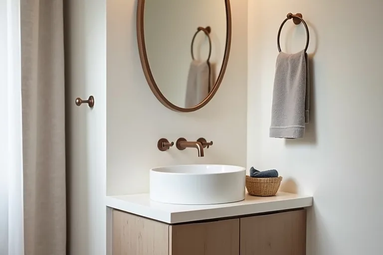 A compact powder room with a round mirror and simple proportions that help the space feel visually balanced.